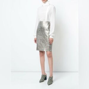 Akris Gravel Paper Pearlized Calfskin Leather Pencil Skirt In Platinum Size US 8